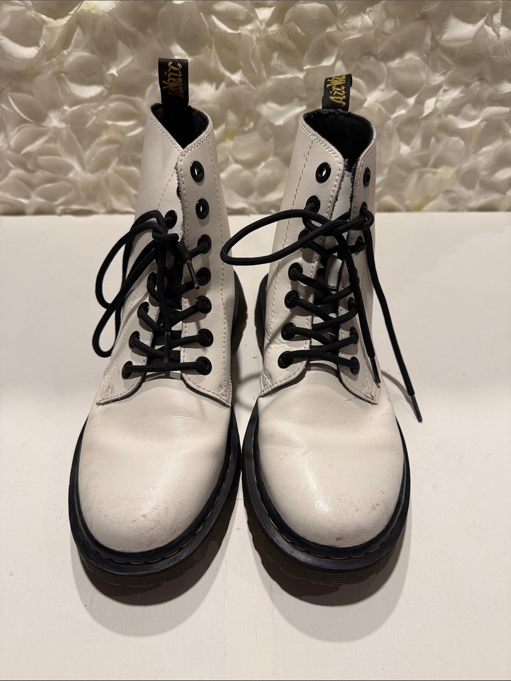 Dr. Martens White Leather Lace-Up Ankle Boots with Black Laces